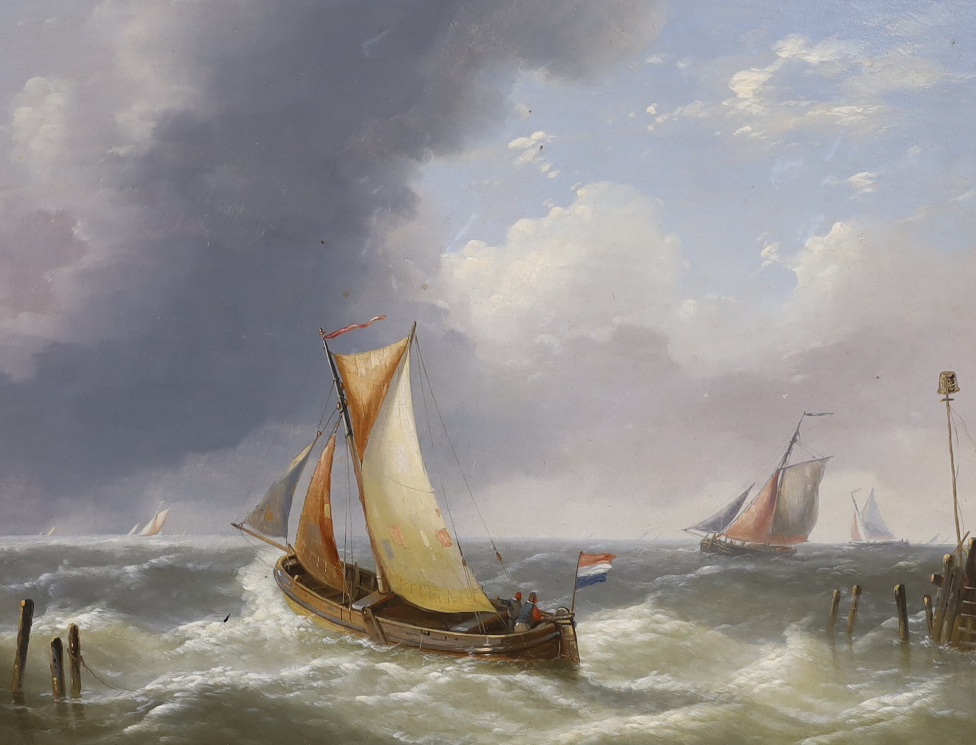 Charles-Louis Verboeckhoven (Belgian, 1802-1889), oil on board, Fishing boat off a Dutch estuary, signed, label verso, 26 x 34cm, ornate gilt frame